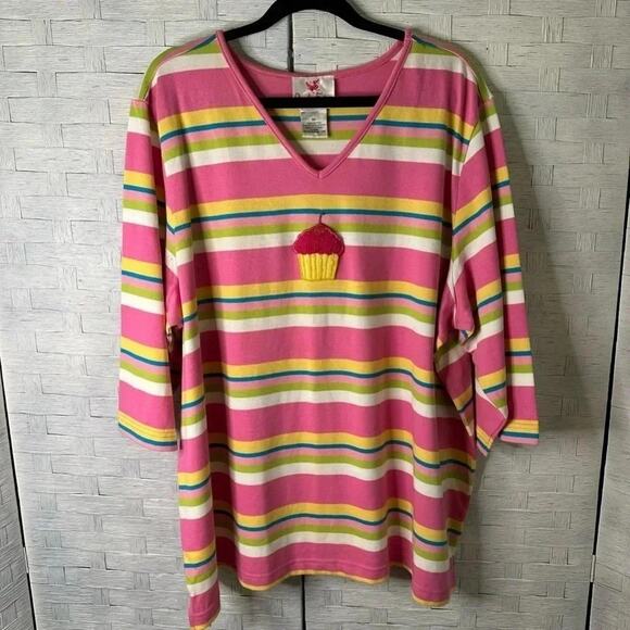Quacker Factory vintage pink and yellow stripes with sparkly cupcake plus size - Picture 1 of 8